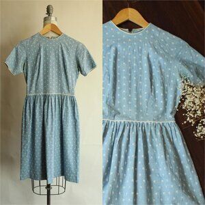 Vintage 1950s 1960s Dress, Carol Rodgers Chambray Blue with Embroidered White